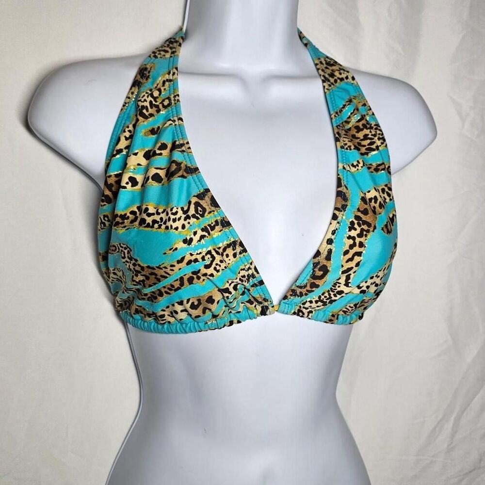 y2k teal gold cheetah print scene triangle bikini top